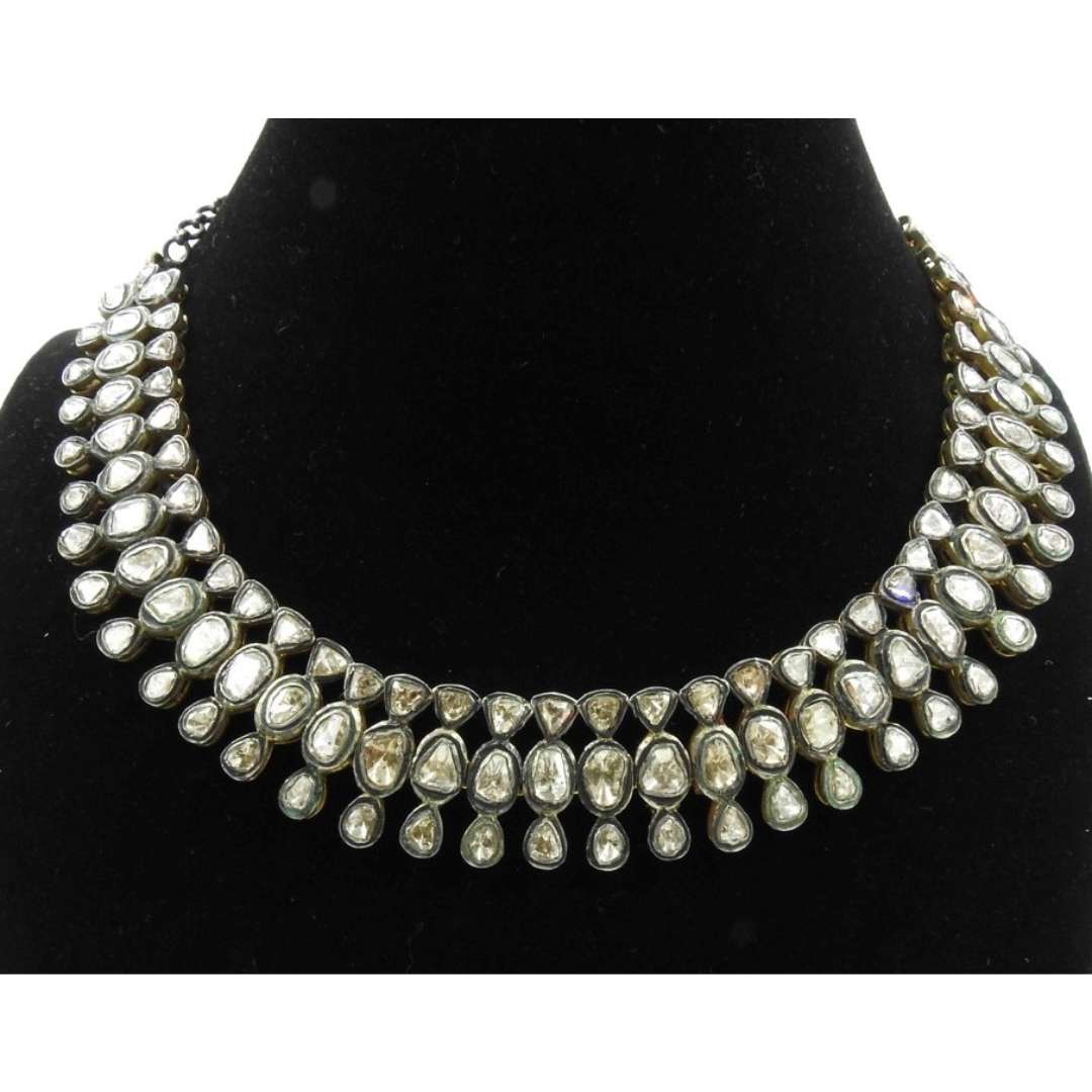 Polki / uncut Diamonds studded in Silver Necklace.