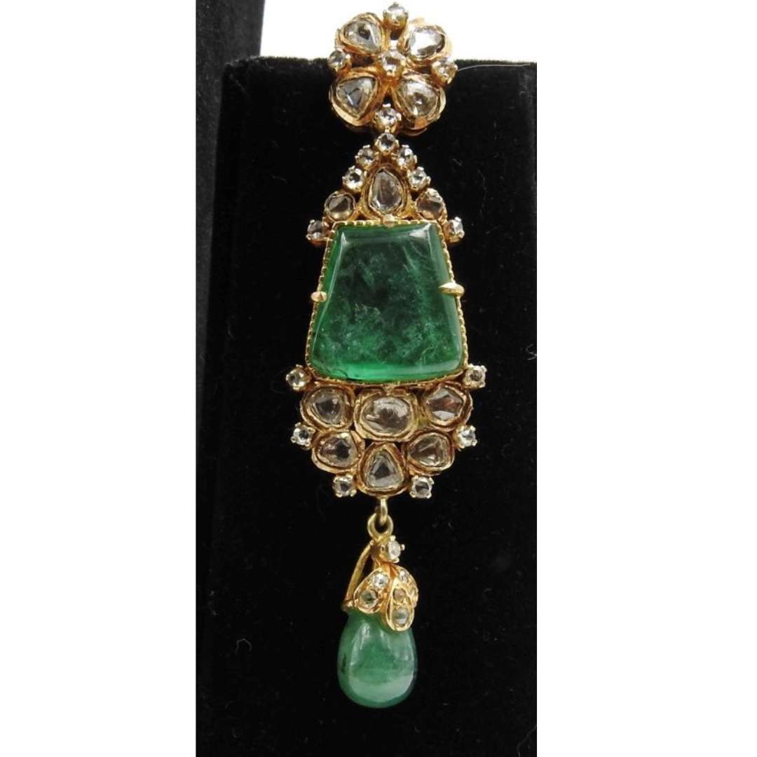Earrings of Polki / Uncut Diamods and Large Zambian Emeralds.