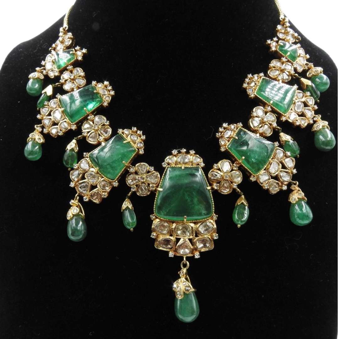 Necklace of Polki / Uncut Diamods and Large Zambian Emeralds.