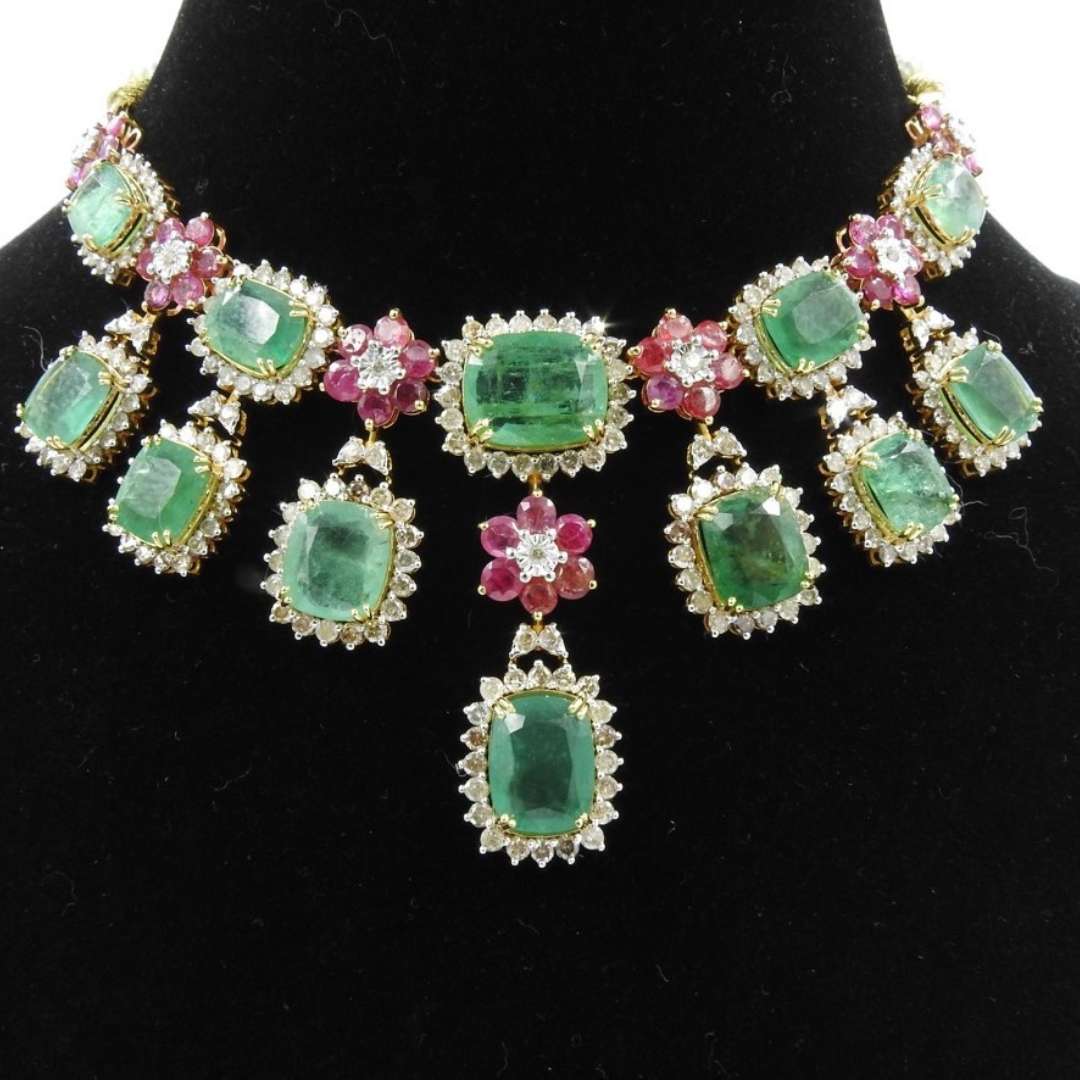 Necklace of Zambian Emerald, Burma Rubies & Diamonds in Gold.